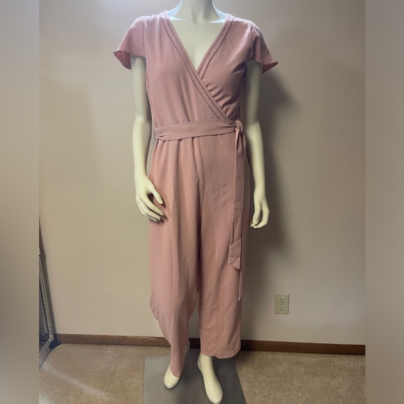 NWT LuLu’s Jumpsuit W/Belt  Sz L Fully Lined Short Sleeve V-Neck Dusty Pink Zip - Picture 1 of 12